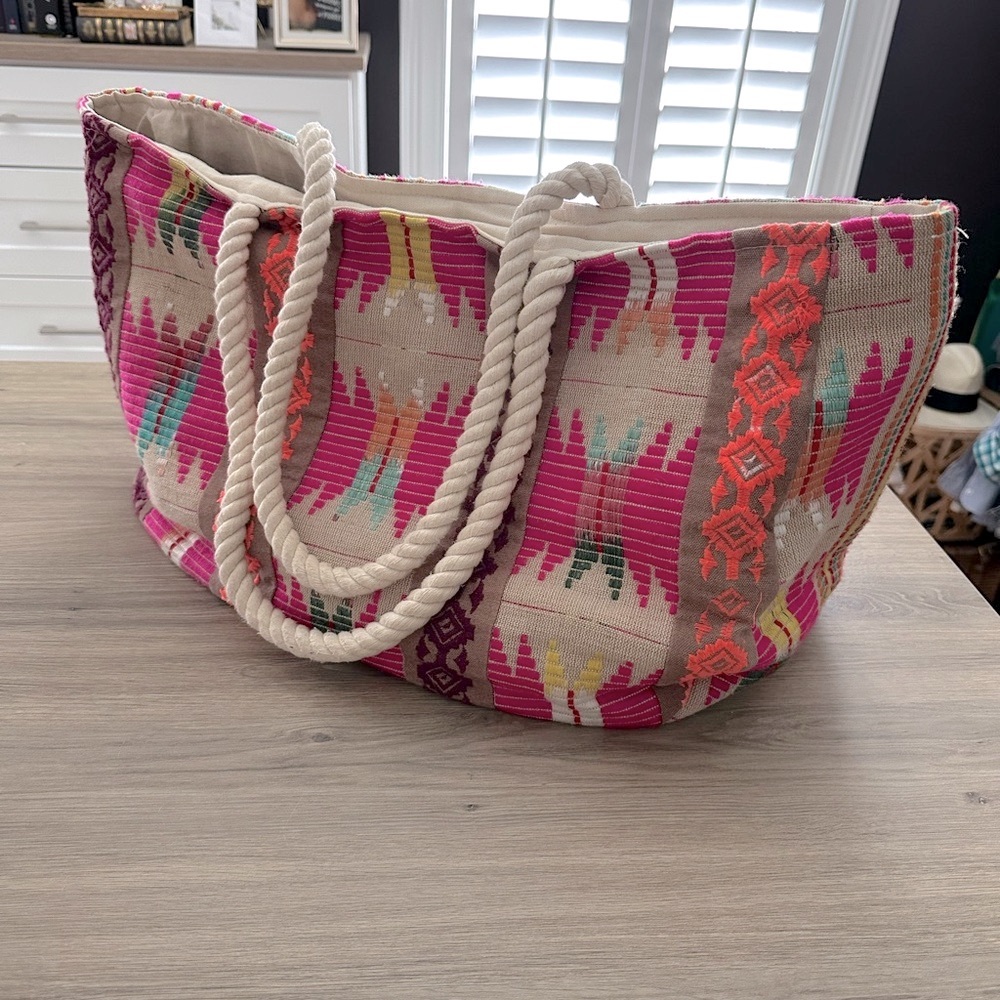 Colorful embroidered Patterned Muche et Muchette beach Tote Bag